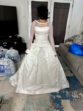 Vera Wang Ivory Satin Ball Gown with Sheer Illusion Sleeves